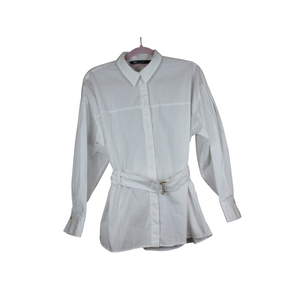 Zara White Long Sleeve Button Up 100% Cotton Career Dress‎ Shirt Size S